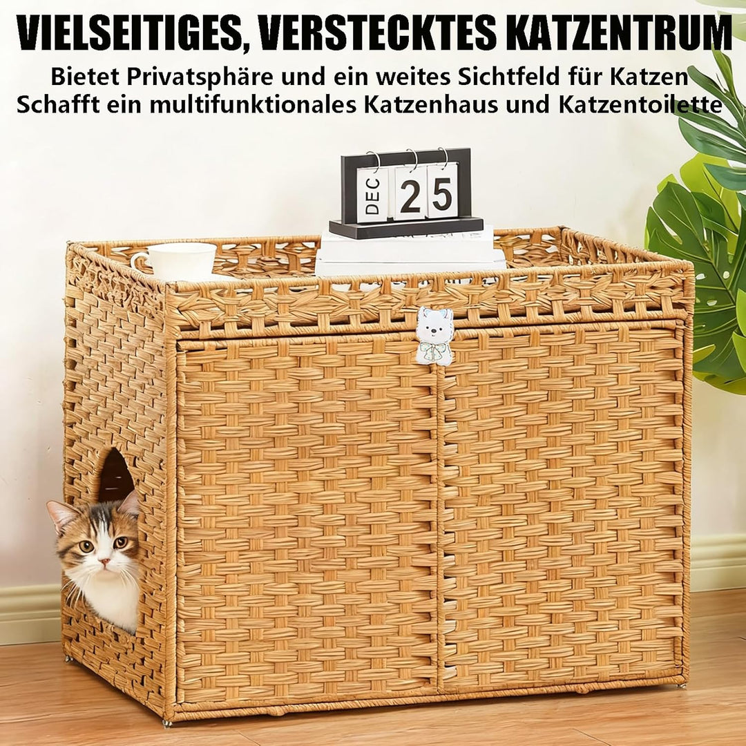 Katzenhaus Katzenschrank für Katzentoilette Versteckte Katzenklo-Möbel, Handgeflochtenes Rattan-Katz
