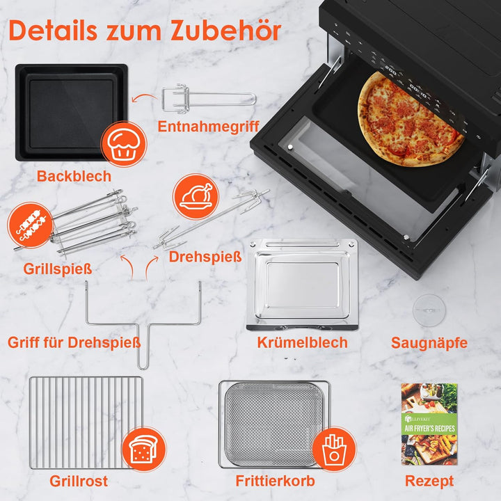 LLIVEKIT 30L Heissluftfritteuse XXL, Minibackofen Umluft mit 20 Programme und 9 Zubehör, Mini Backof