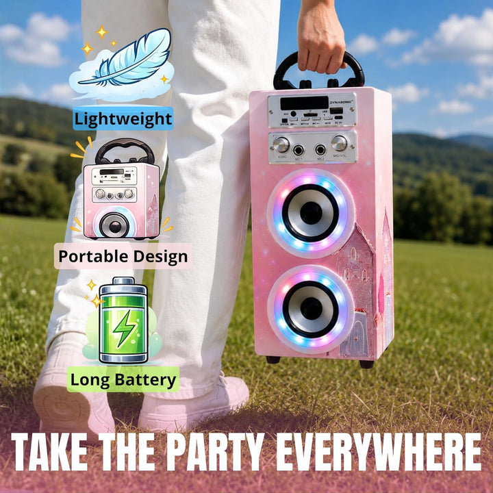 DYNASONIC Karaoke mit 2 Mikrofonen, tragbarer Karaoke-Maschine, Bluetooth-Lautsprecher, USB- und SD-