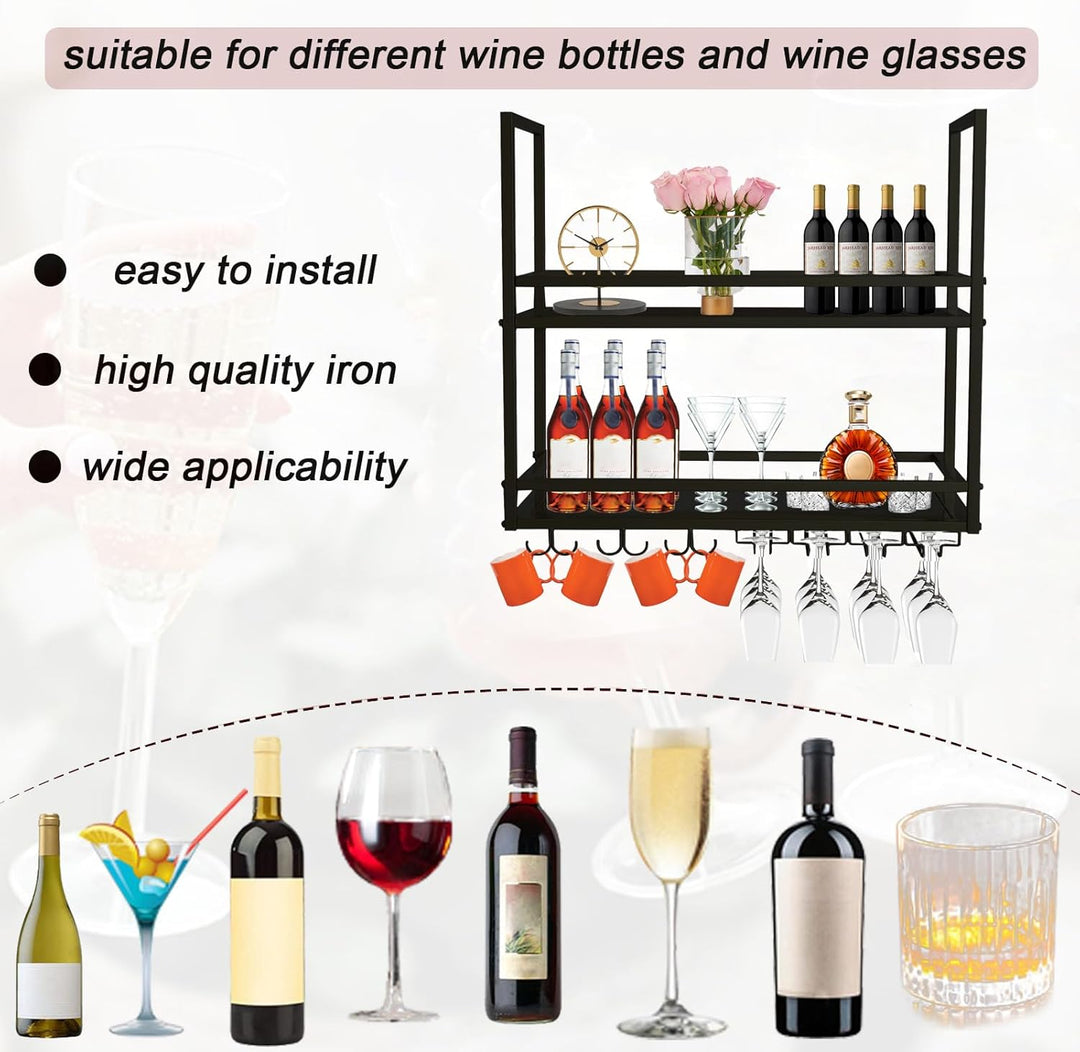 Industrielle Deckenregal Weinregal mit Glashalter, Hängend Metall Weinflaschenhalter, 2 Lagiger Häng