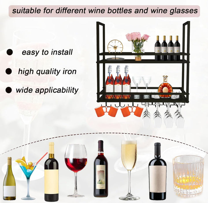 Industrielle Deckenregal Weinregal mit Glashalter, Hängend Metall Weinflaschenhalter, 2 Lagiger Häng