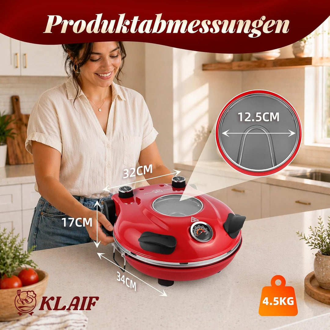 Klaif Elektrischer Pizzabäcker, 420 ℃, 1200 Watt, 5 separate Temperaturstufen, flammenbeständige Ste
