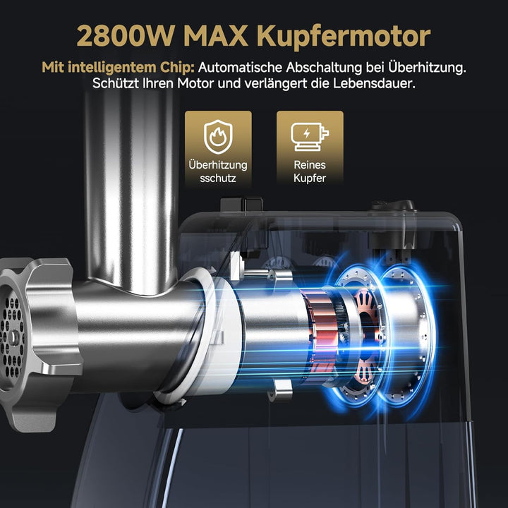 AMZCHEF Fleischwolf Elektrisch für Zuhause - mit 3 Platten, Wurstfüller & Kubbe-Kit | Ideal für Hack