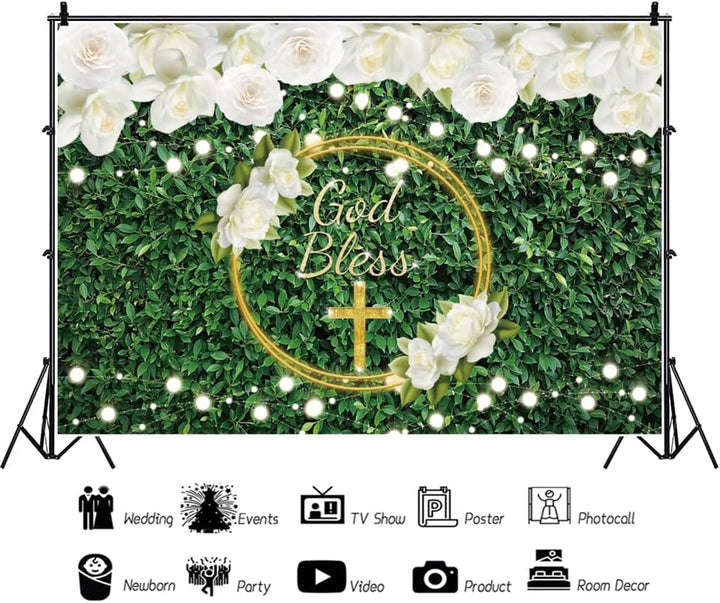 Renaiss 2.7x1.8m Gott segne Hintergrund Erstkommunion Party Dekoration Banner grüne Blätter weisse B