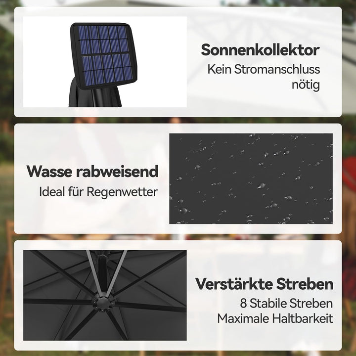 ACXIN Alu Sonnenschirme Ø350cm mit Solar LED Beleuchtung Ampelschirm mit Kurbelvorrichtung Höhenvers