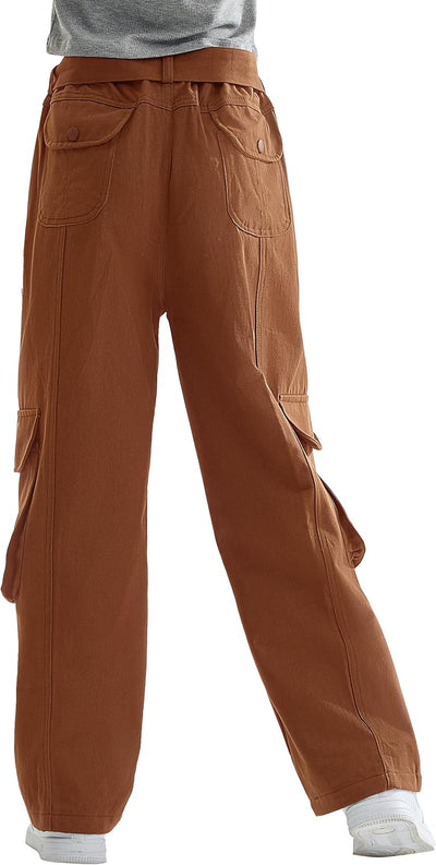 Rolanko Mädchen Baggy Cargo Hose, Elastisch Hohe Taille Gerade Weites Bein Streetwear Hose mit Mehre