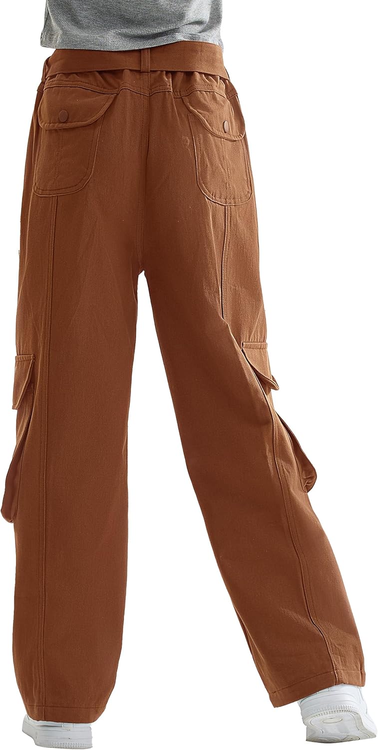 Rolanko Mädchen Baggy Cargo Hose, Elastisch Hohe Taille Gerade Weites Bein Streetwear Hose mit Mehre