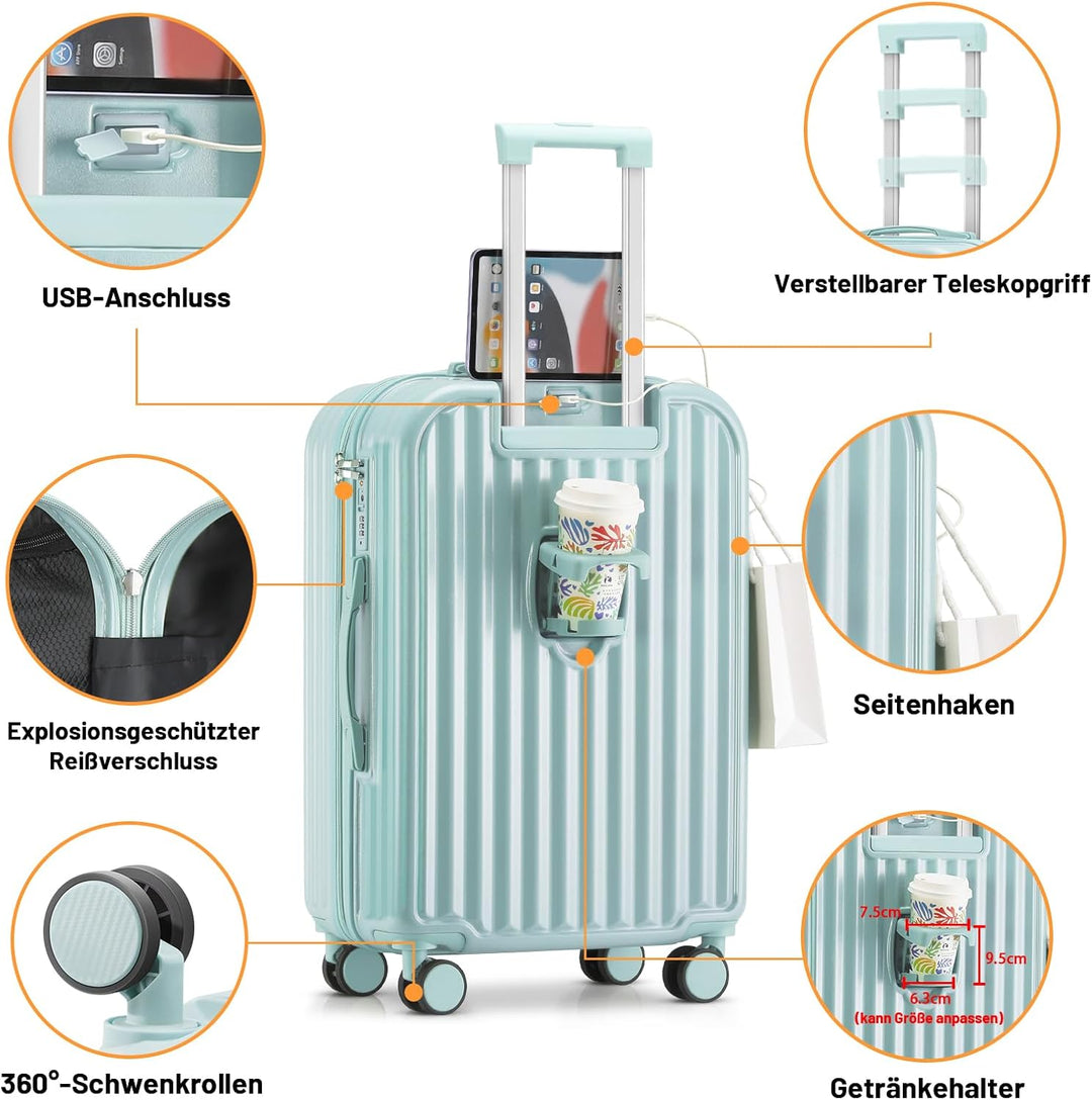 Kofferset 4 Teilig Hartschale Koffer Set mit Kosmetikkoffer Gepäcksets mit Getränkehalter USB-Anschl