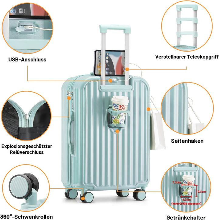 Kofferset 4 Teilig Hartschale Koffer Set mit Kosmetikkoffer Gepäcksets mit Getränkehalter USB-Anschl