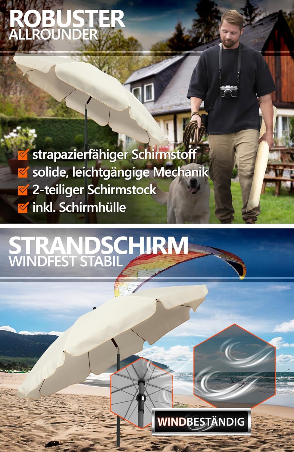 4smile Sonnenschirm Balkon Ø 180cm, Beige - Sonnenschirm Strand mit Hülle - Balkonschirm mit Knickfu