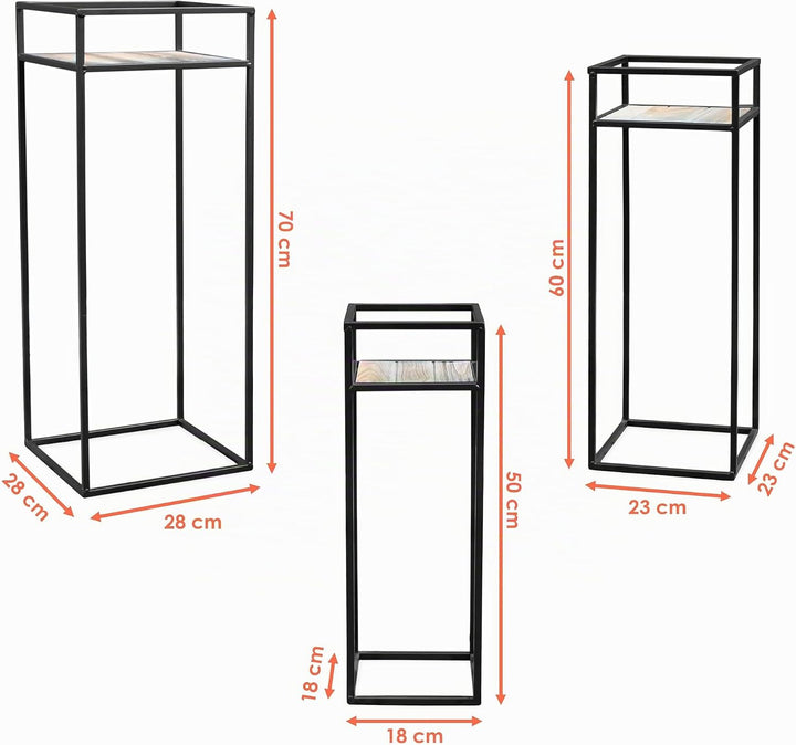 Spetebo Metall Blumenhocker schwarz 3er Set - 70 / 60 / 50 cm - Pflanzenständer mit Holzplatte - Dek