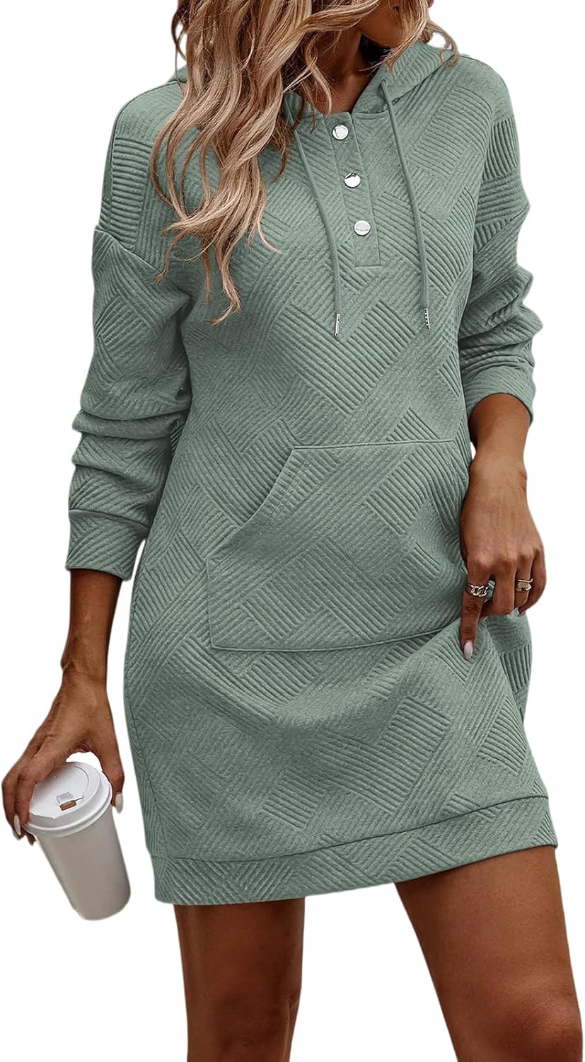 TrendiMax Damen Hoodie Kleid Herbst Übergangs Kapuzenpullover Sweatkleid Textur Knopf Langarm Sweats