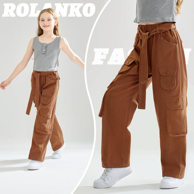 Rolanko Mädchen Baggy Cargo Hose, Elastisch Hohe Taille Gerade Weites Bein Streetwear Hose mit Mehre