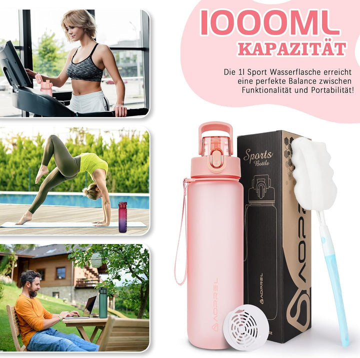 AOPREL Trinkflasche 1l, Wasserflasche BPA-Frei aus Tritan, Sport Trinkflasche Kohlensäure geeignet,