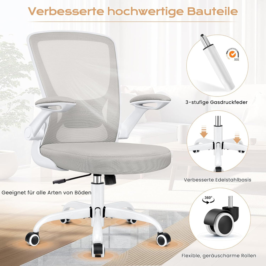 KERDOM Bürostuhl, Ergonomischer Schreibtischstuhl mit Klappbaren Armlehnen, 360° Drehstuhl Mesh Comp