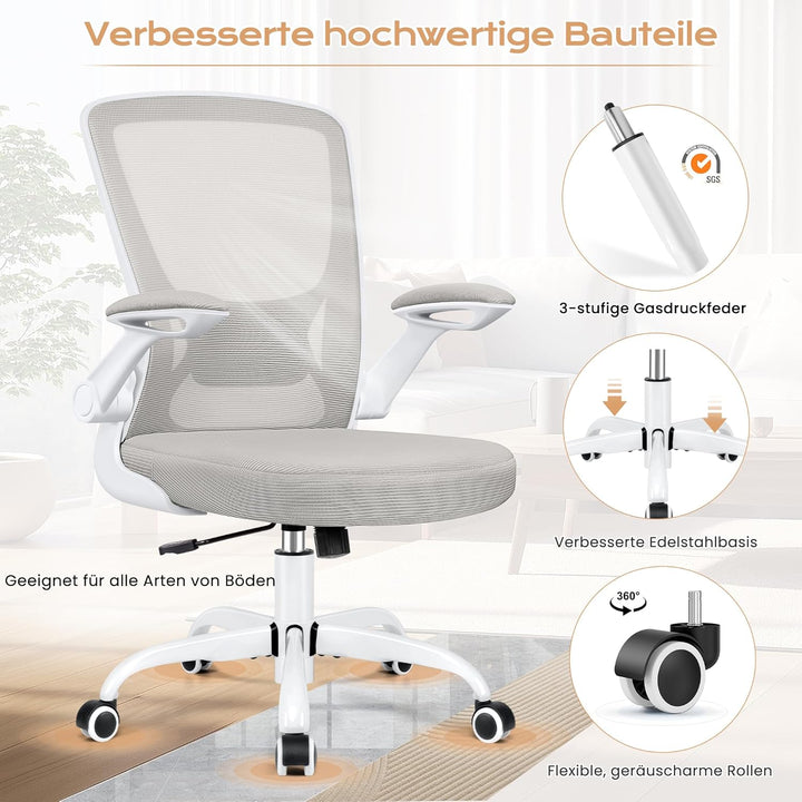 KERDOM Bürostuhl, Ergonomischer Schreibtischstuhl mit Klappbaren Armlehnen, 360° Drehstuhl Mesh Comp
