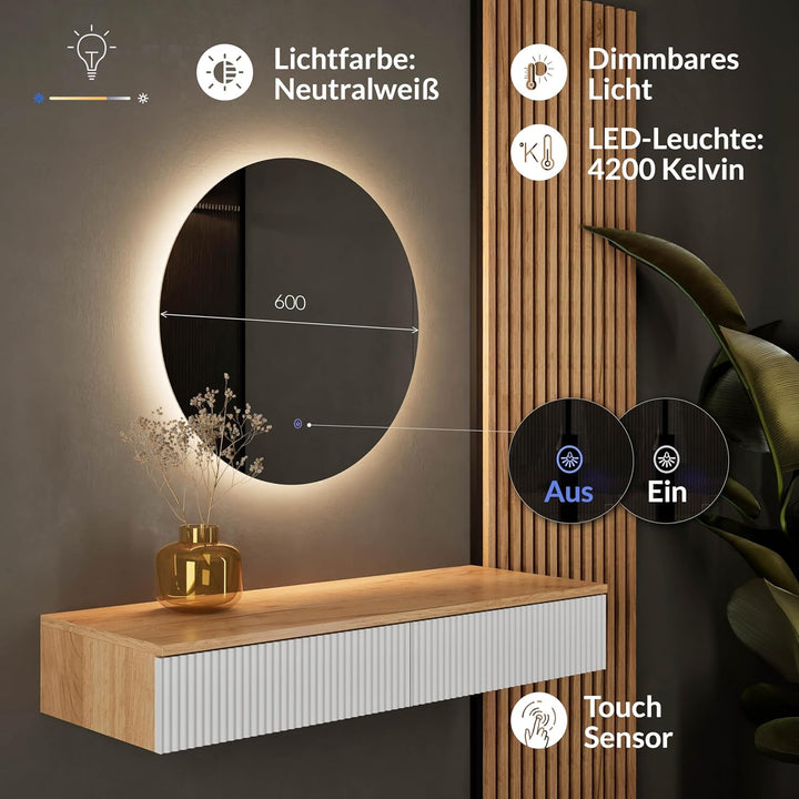 Planetmöbel Flur Garderobe Set Konsolentisch 100 cm inkl. Spiegel mit Beleuchtung rund (ohne Rahmen)
