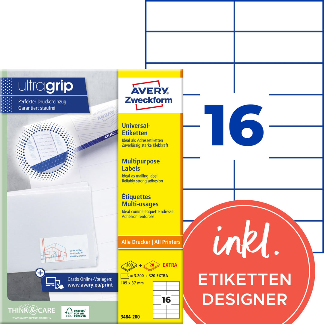 AVERY Zweckform 3484-200 Adressaufkleber (3.200 plus 320 Klebeetiketten extra, 105x37mm auf A4, bedr