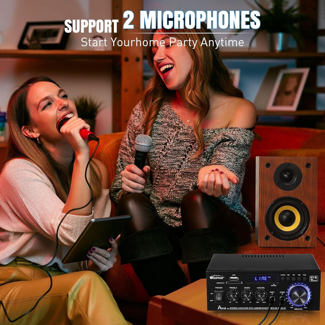 AK45 Pro Verstärker HiFi Stereo 500 Watt, 2 Kanal Mini Audio Receiver mit w/UKW-Radio, USB/SD/AUX/RC