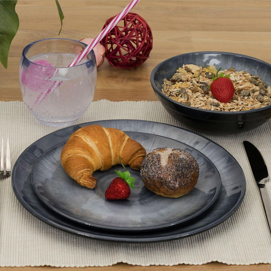 Melamin Geschirr Set Jesolo Grau für 2 Personen Steingutoptik Spülmaschinengeeignet Essgeschirr Camp