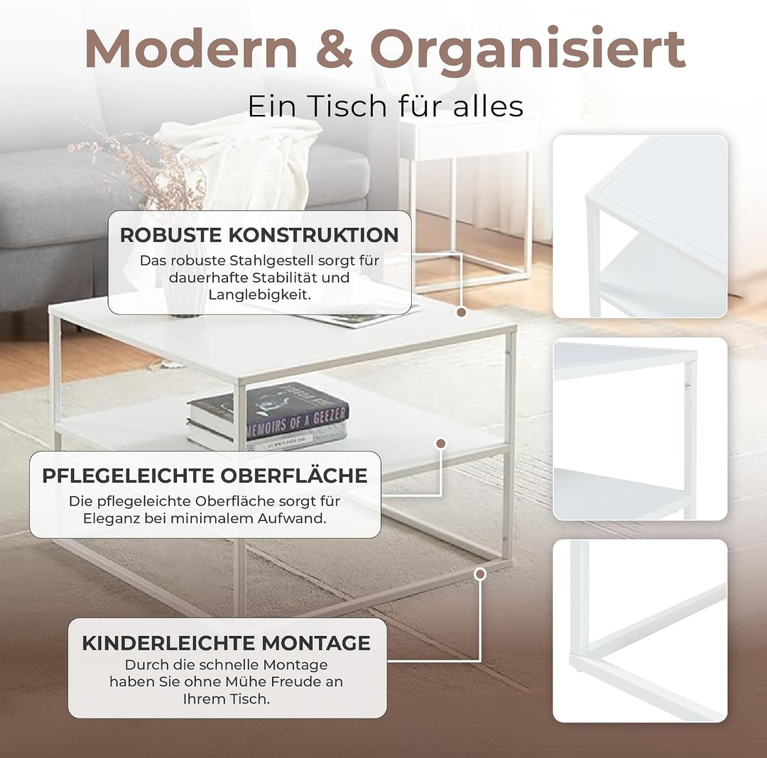 [en.casa] Couchtisch Solund Beistelltisch mit Ablage Metall Weiss matt Wohnzimmertisch mit Stauraum