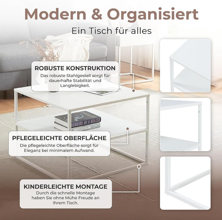 [en.casa] Couchtisch Solund Beistelltisch mit Ablage Metall Weiss matt Wohnzimmertisch mit Stauraum