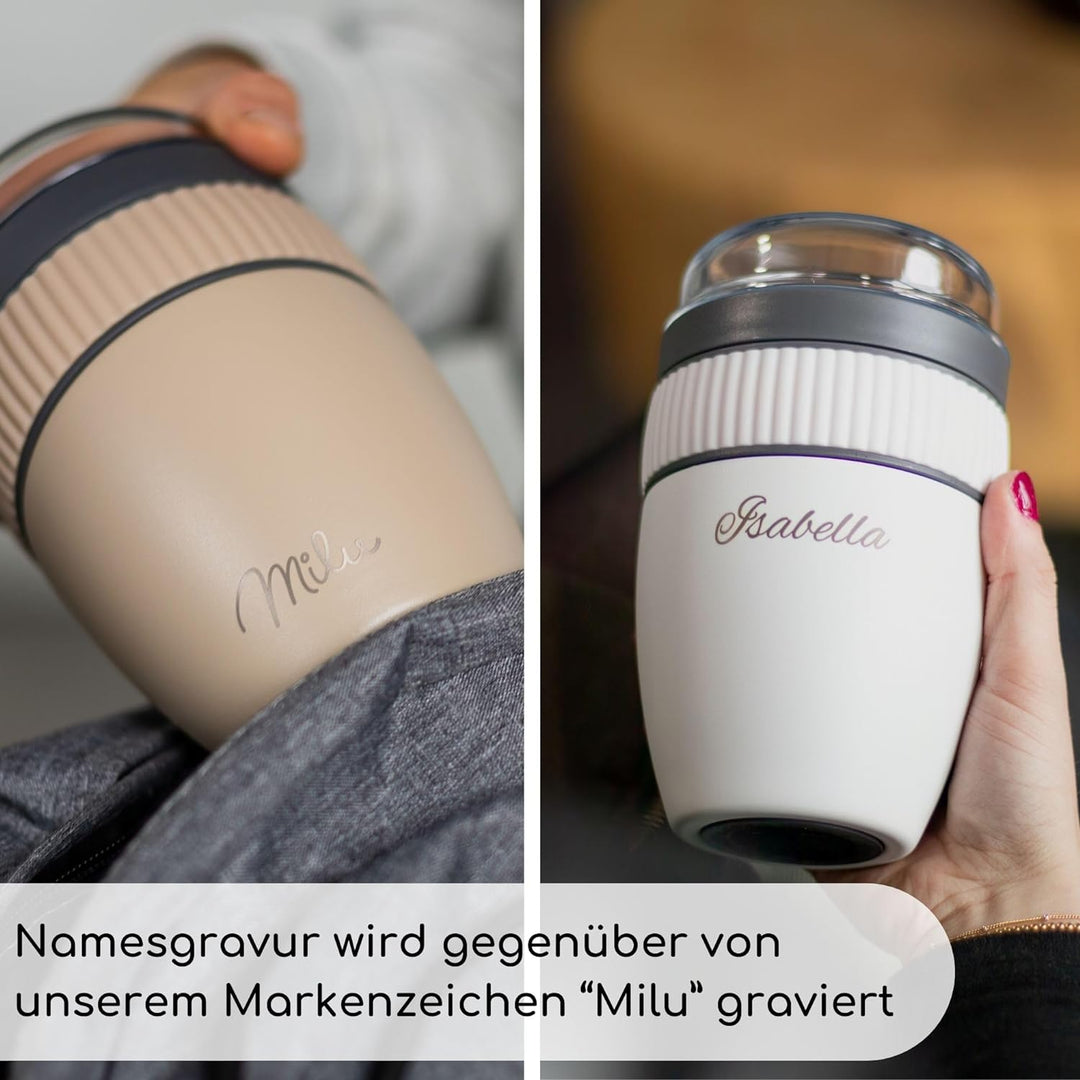 Milu Müslibecher to go mit Gravur 400ml I isolierter Edelstahl Joghurtbecher für Müsli I auslaufsich