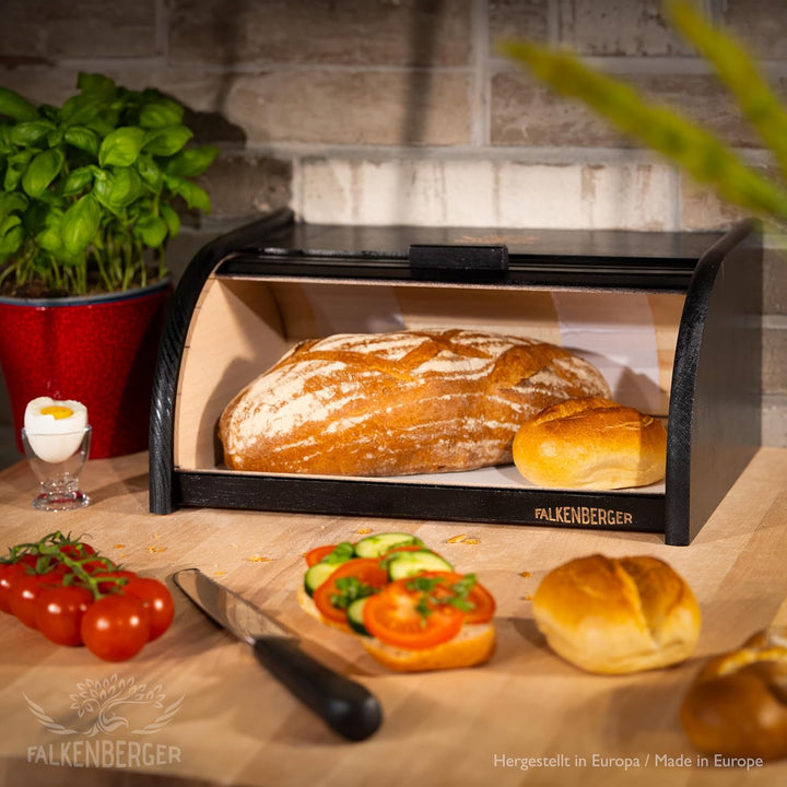 Brotkasten aus Holz Schwarz ca. 39x29x18cm Rollbrotkasten traditionell Brotbox mit Roll-Deckel Handm