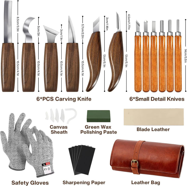 Schnitzwerkzeug Set, 17 PCS Holzschnitzwerkzeuge mit Handschuhe, Aufbewahrungstasche und Anspitzer,