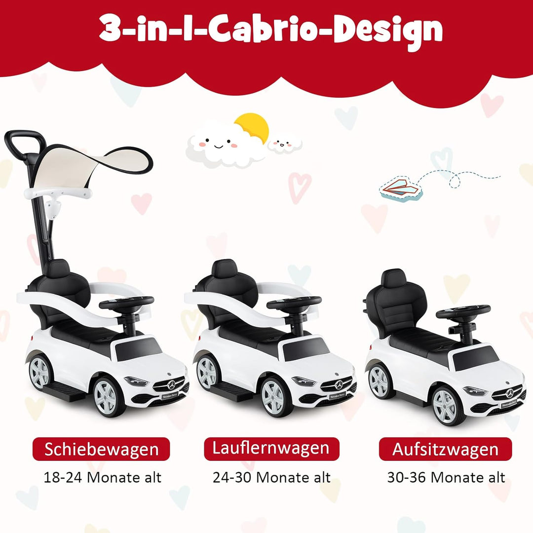 DREAMADE Rutschauto mit Schiebestange, 3 in 1 Rutschfahrzeug mit Horn, verstellbarem Sonnendach & St