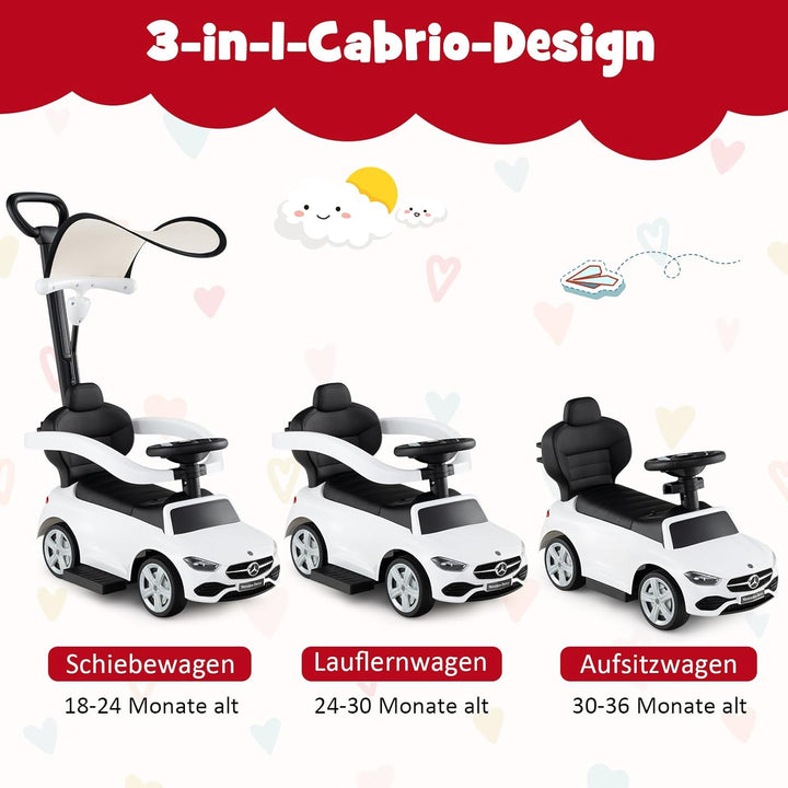 DREAMADE Rutschauto mit Schiebestange, 3 in 1 Rutschfahrzeug mit Horn, verstellbarem Sonnendach & St