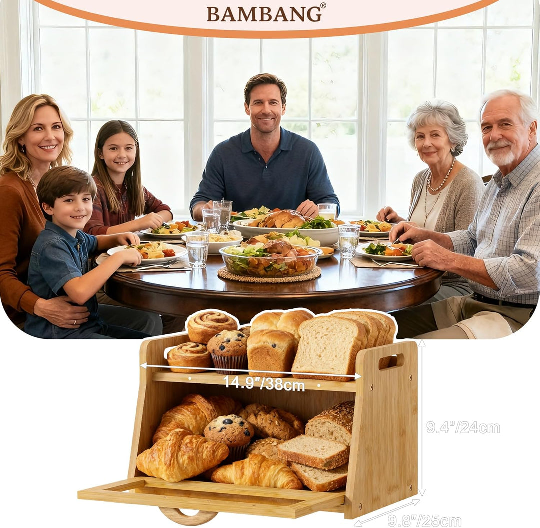 BAMBANG Extra Grosses Brotkasten, Bambus Brotbox für Küchen, Holz Brotbehälter mit Werkzeughalter, S