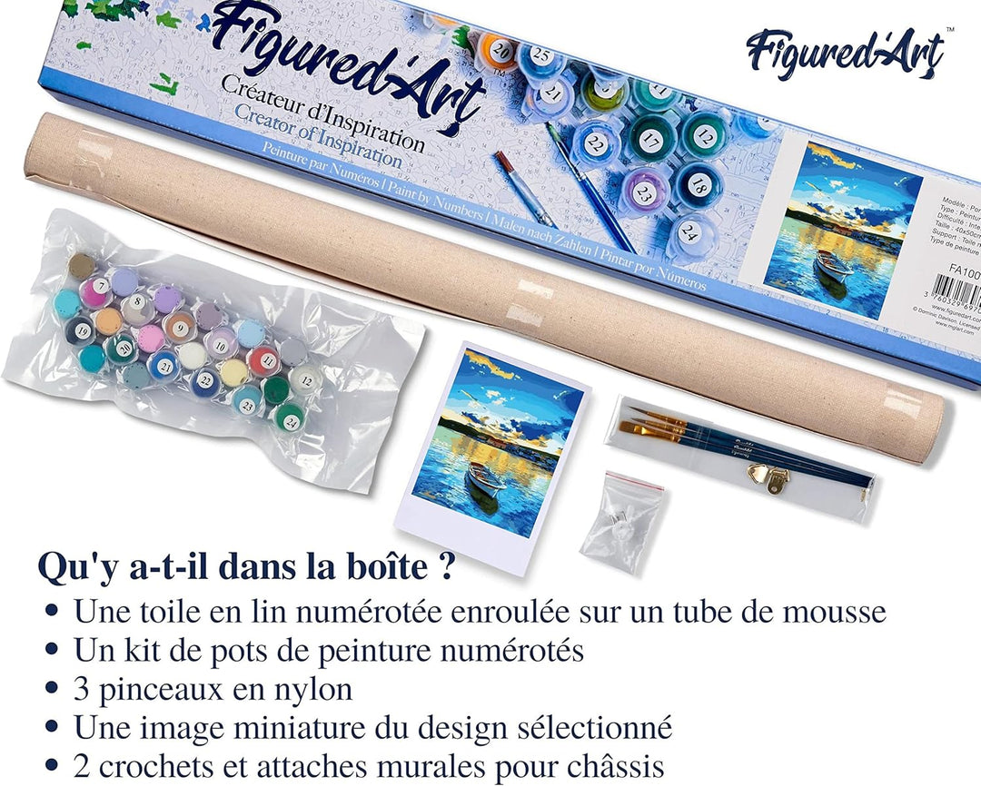 Figured'Art Malen Nach Zahlen Erwachsene Boot und Sonnenaufgang - Paint by Numbers Basteln DIY Baste