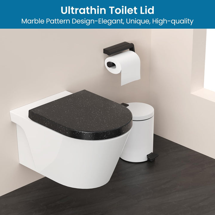 Toilettendeckel mit Absenkautomatik, WC Sitz D Form aus Duroplast, Schwarz Marmor Klodeckel mit Quic