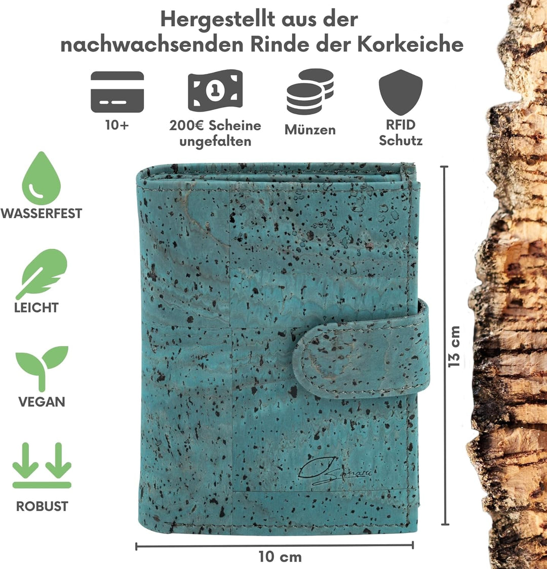 Simaru Damen Geldbörse aus Kork mit RFID-Schutz, Veganes Portemonnaie für 10+ Karten, Scheine &amp; Münz