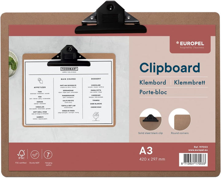 Europel Klemmbrett aus Holz, A3, Querformat, 12 Stück, FSC-zertifiziert, MDF, mit schwarzem Metallcl