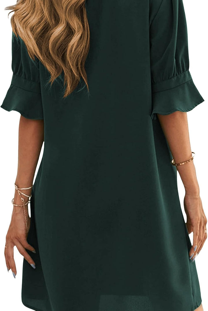 Famulily Frauen V-Ausschnitt Halbarm Hemdkleid Elegant Sommer Casual Einfarbig Kurzes Kleid S-XXL M