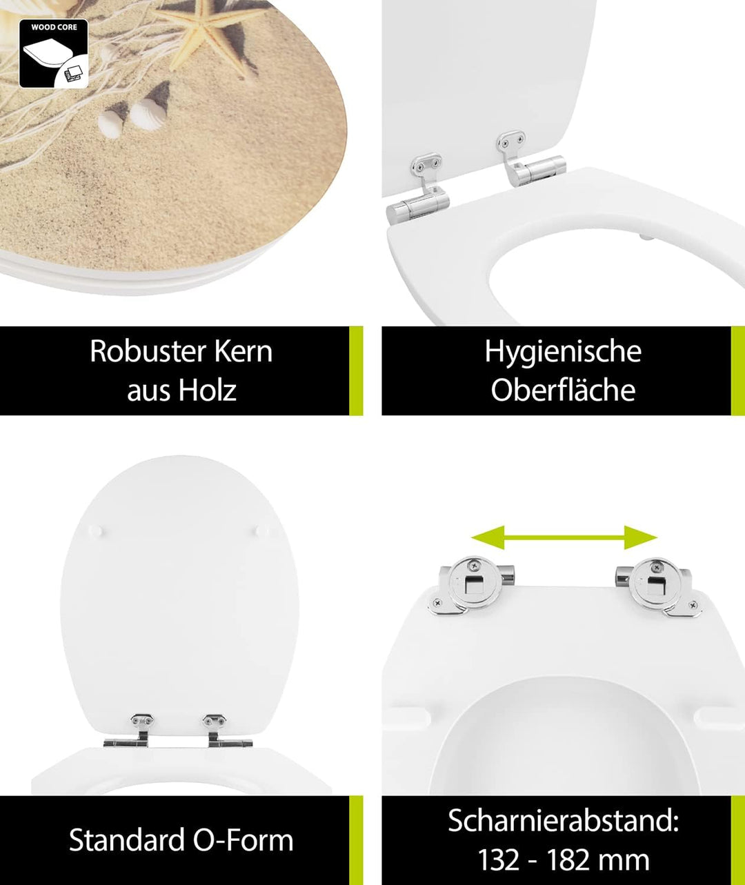 'aquaSu® WC-Sitz mit Absenkautomatik, Maritim Dekor Strandperlen, High Gloss Toilettensitz mit Holz-