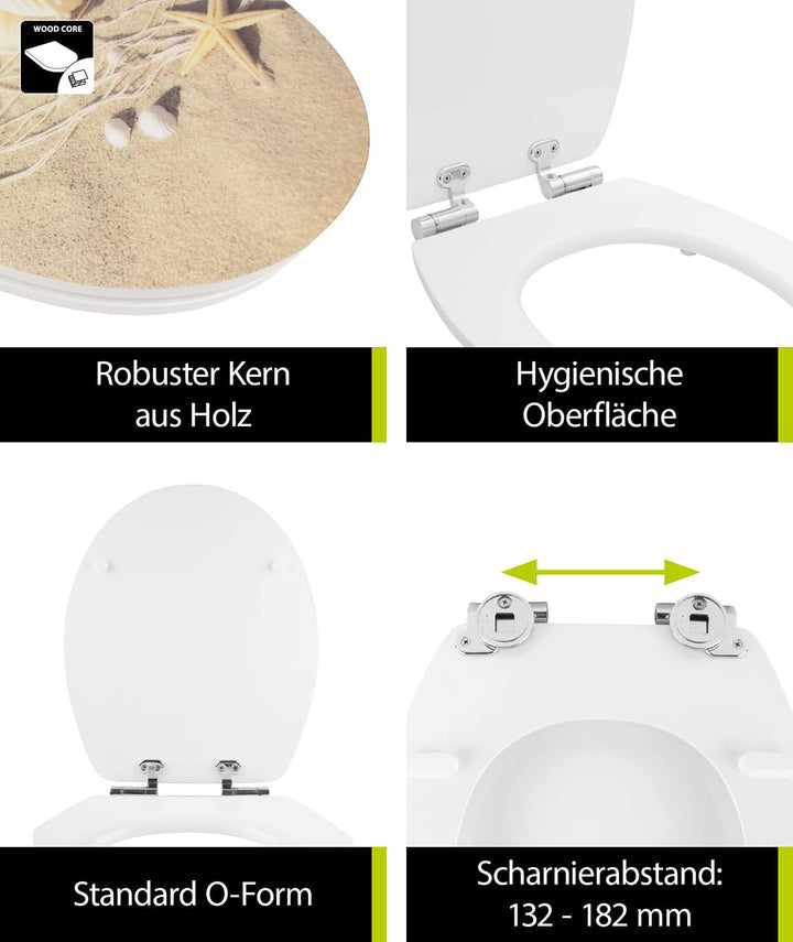 'aquaSu® WC-Sitz mit Absenkautomatik, Maritim Dekor Strandperlen, High Gloss Toilettensitz mit Holz-