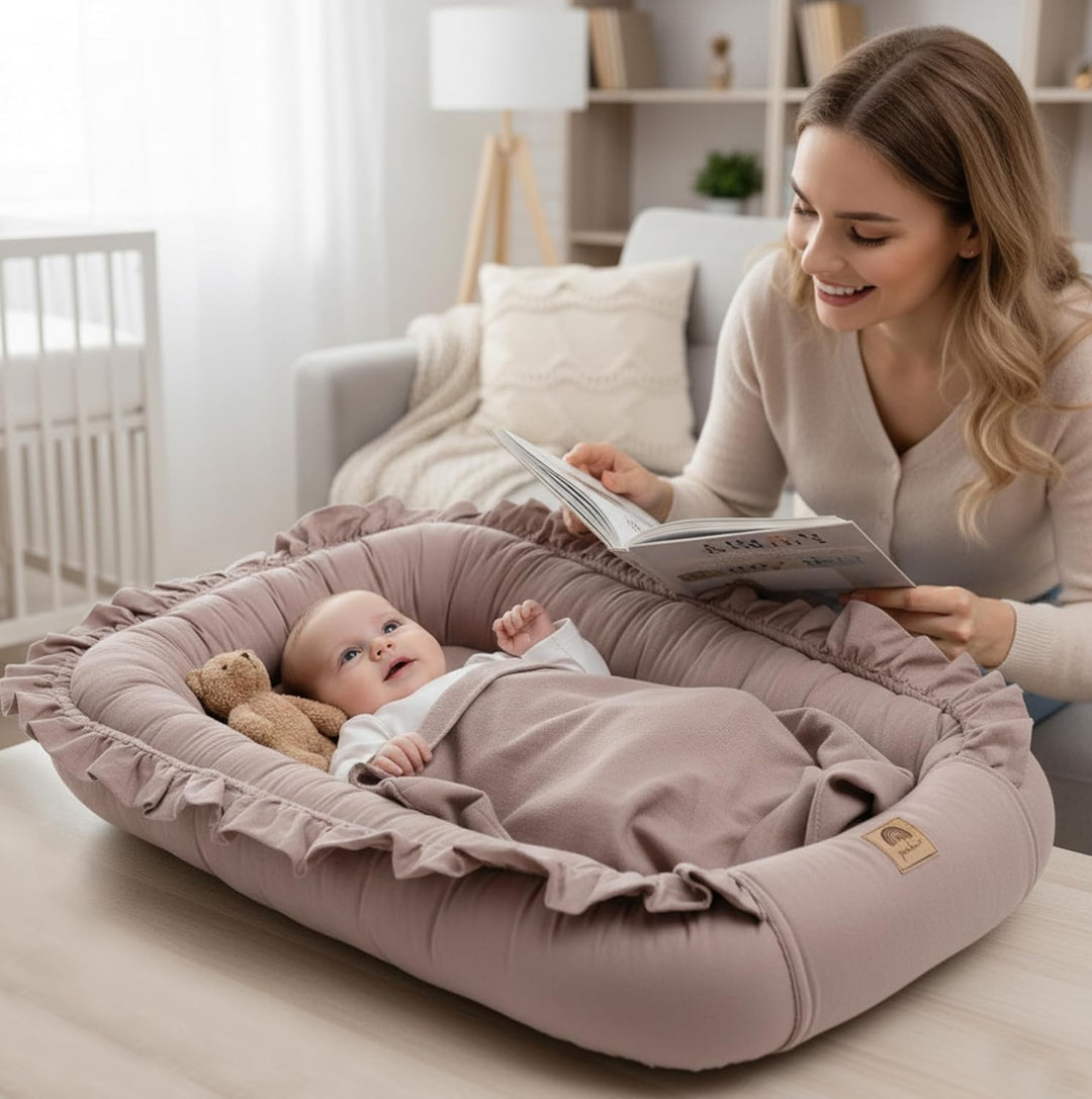 PIMKO Babynest mit rüschen Babynestchen für Baby Kuschelnest Babykokon für Neugeborene Baumwolle Nes
