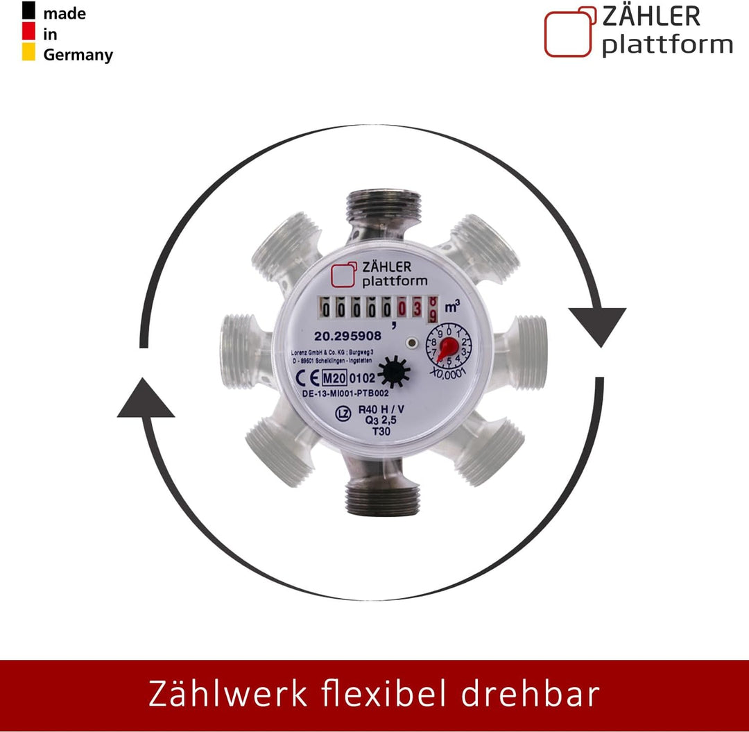 ZÄHLER plattform Zapfhahn Wasserzähler Set Durchfluss Qn 1,5, Kaltwasser, BL 110 mm Eichung 2023 3/4