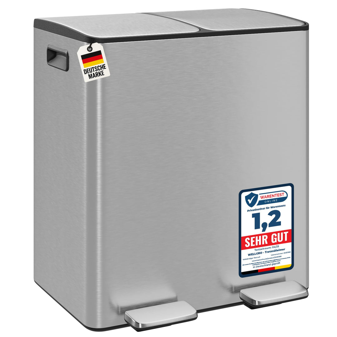 WELLGRO Treteimer, Mülleimer, Edelstahl Tretmülleimer mit 2 x 20 Liter, klappbaren Fusspedalen, Abse