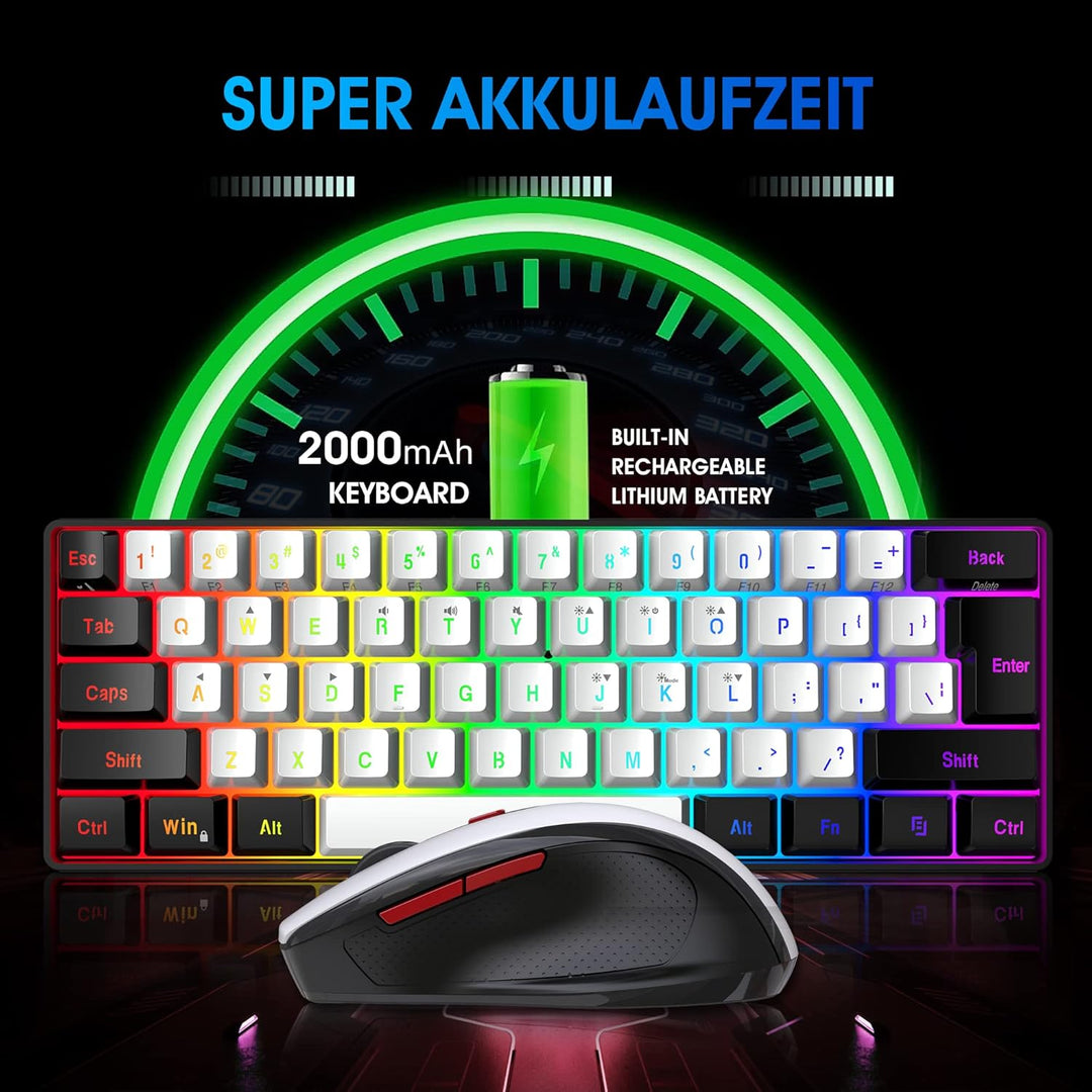 Snpurdiri 60% Prozent Tastatur Maus Set Kabellos, Wireless Gaming Combo, Enthalten 2.4G Small Mini 6