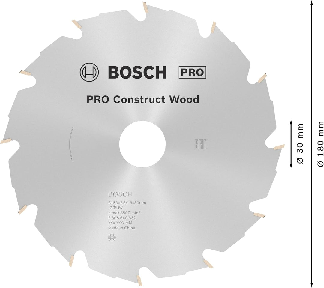 Bosch Professional 1x Kreissägeblatt Construct Wood (für Holz, Sägeblatt Ø 180 x 30 x 2,6 mm, 12 Zäh