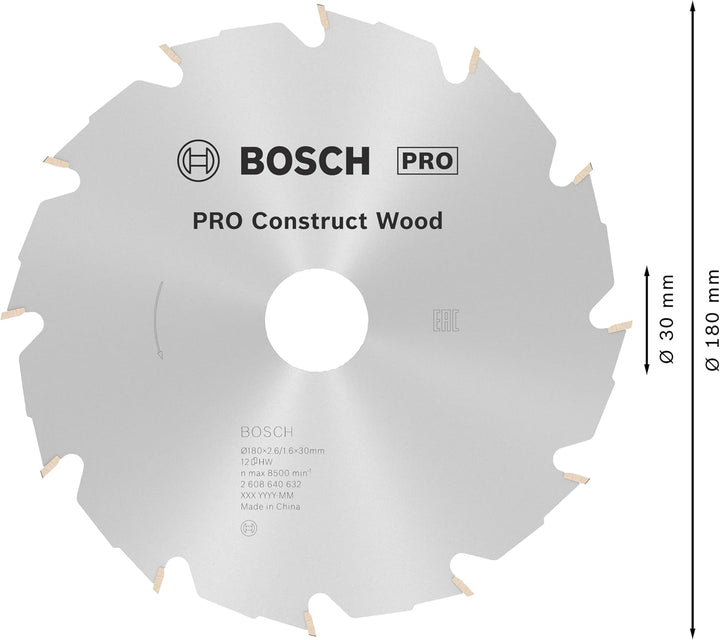 Bosch Professional 1x Kreissägeblatt Construct Wood (für Holz, Sägeblatt Ø 180 x 30 x 2,6 mm, 12 Zäh