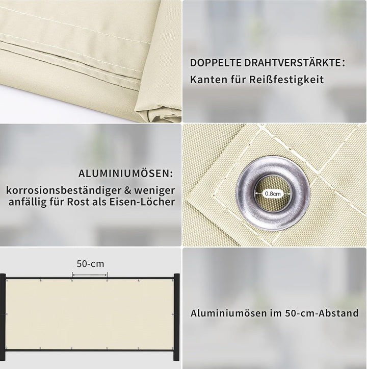 Shade&Beyond Balkon Sichtschutz Wetterfest 90x500cm, 95% UV-Schutz Balkonabdeckung mit Kabelbinder f