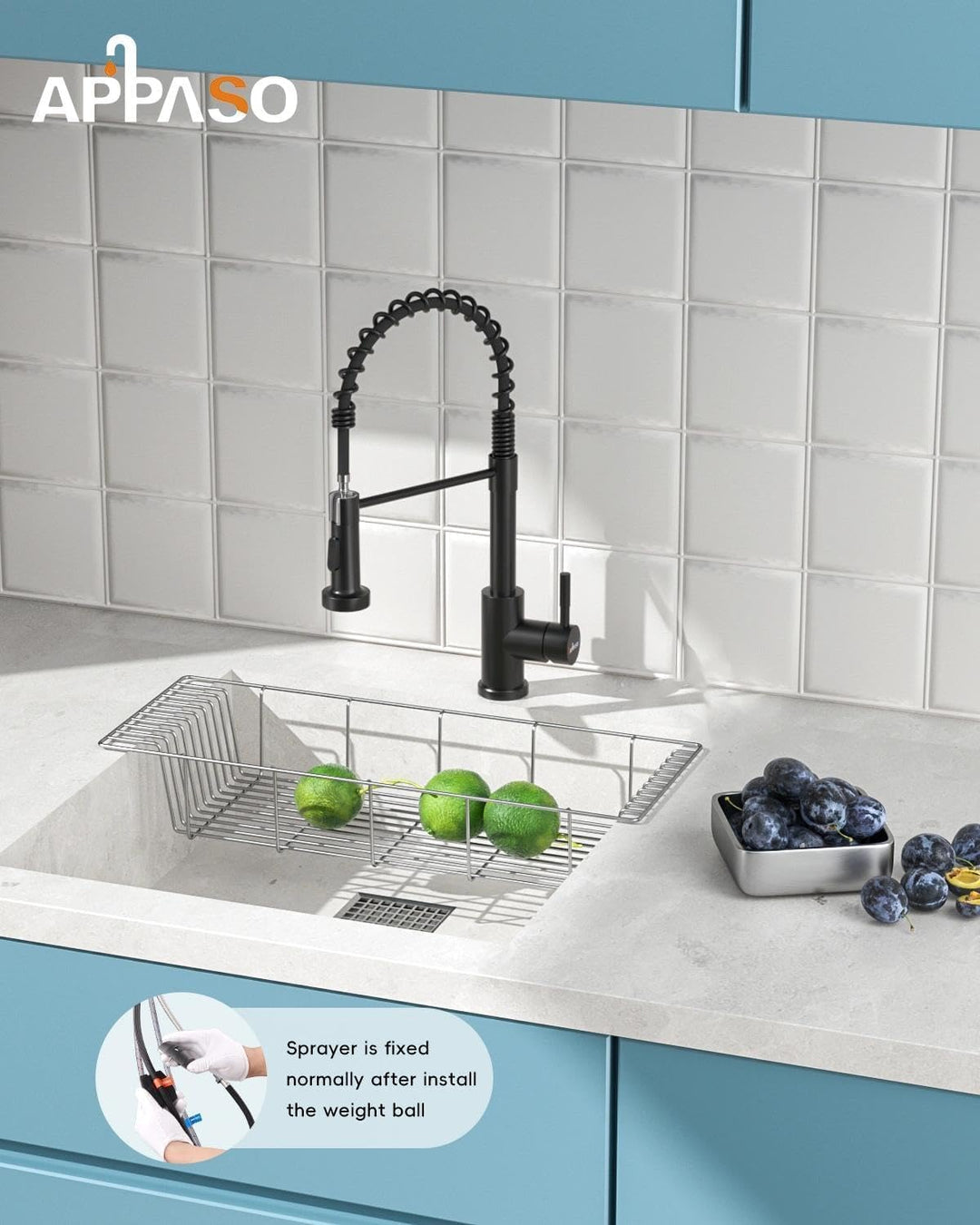 APPASO Niederdruck Wasserhahn Küche Schwarz, 360°drehbarer Wasserhahn für Küche mit Brause Ausziehba