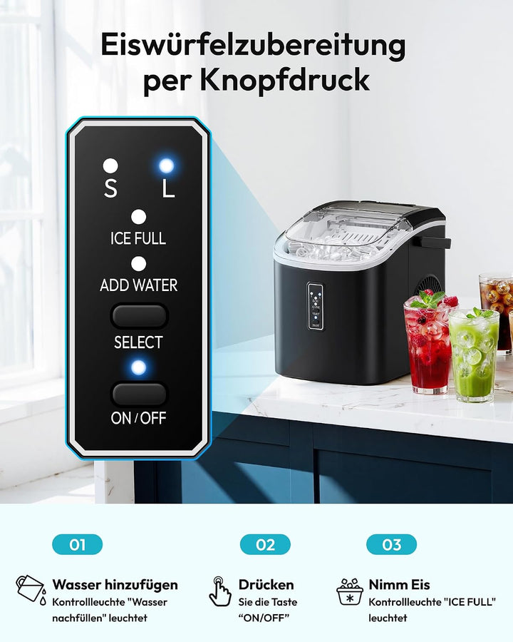 EUHOMY Eiswürfelmaschine Klein, 9 Würfel in 6 Minuten Bereit, 12 Kg/Day, Selbstreinigend, Tragbare E