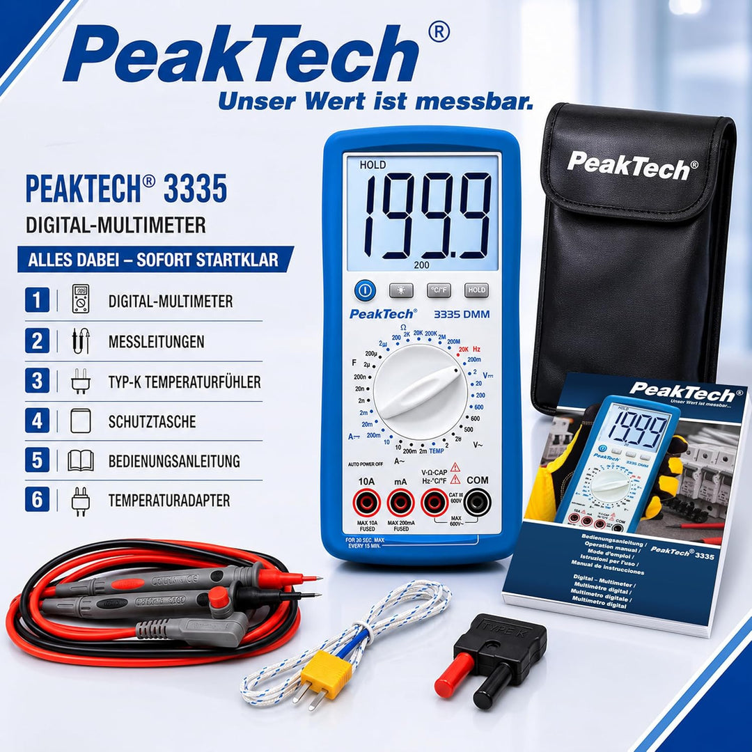 PeakTech Digitalmultimeter, 3 1/2 stellig Extra grosser LCD-Bildschirm - 2.000 Counts Single, Extra