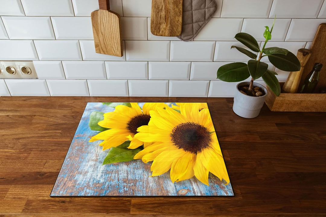Sonnenblumen auf Holztisch Herdabdeckplatte & Spritzschutz aus Echtglas | Für Herd-Kochfelder | 60x5